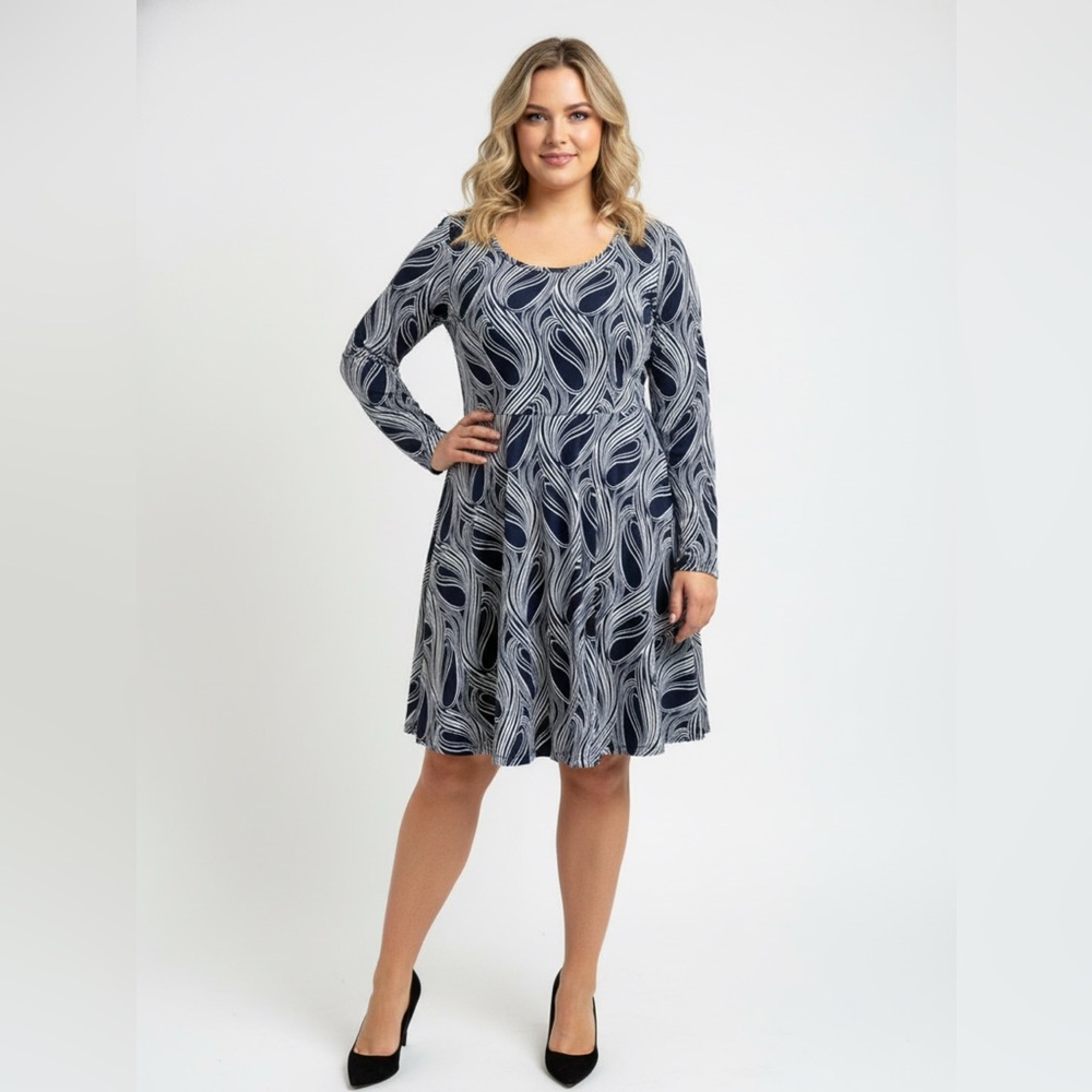 Michael Kors Navy Graphic Print Fit & Flare Dress Womens sz Medium M Exc Cond - Picture 3 of 8